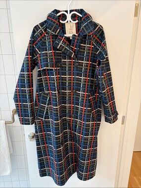 Sea salt Cornwall Navy Plaid Double-Breasted Trench Rain Coat